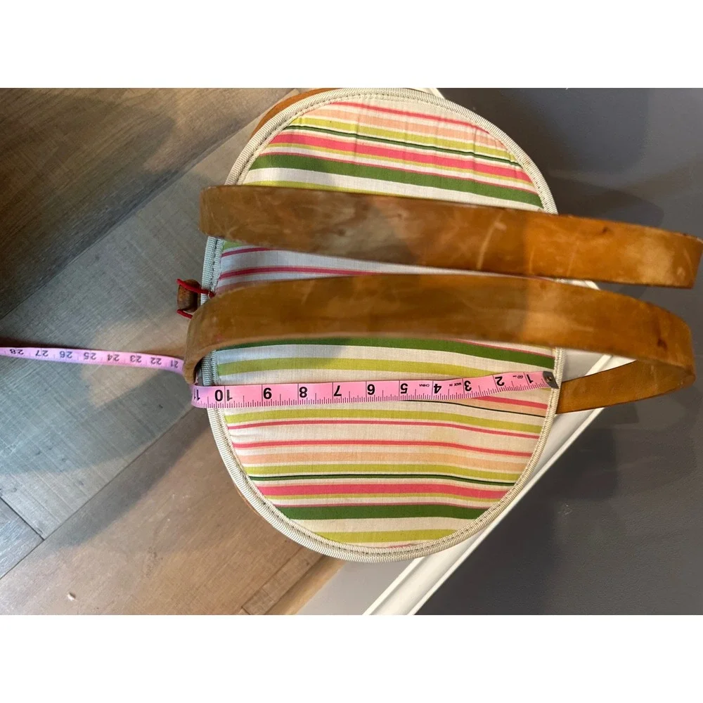 Vintage 1950s 60s Woven‎ Wicker Sewing Basket Striped Fabric Padded Lid Large